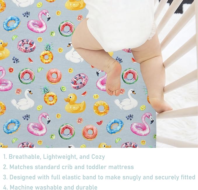 Summer Pool Floats Baby Crib Sheet 52''x28'' Tropical Flamingo Duck Watermelon Pineapple Stretchy Fitted Crib Mattress Cover for Boy Girl Soft Baby Bed Sheet for Standard Crib and Toddler Mattress