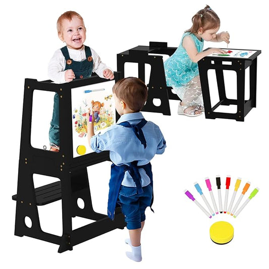 4 in 1 Kitchen Step Stool Helper for Toddlers, Toddler Learning Standing Tower with Whiteboard 2 in 1 Convertible Table and Chair, Widened Platforms for Little Ones Kitchen Counter Bathroom Sink