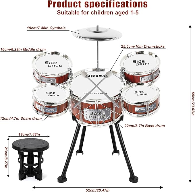 Kids Drum Set, 8 PCS Drum Set for Toddlers 1-3, Kids Jazz Drums Ages 5-7 Musical Instruments Toys for Beginner Boys Girls Gifts -Red