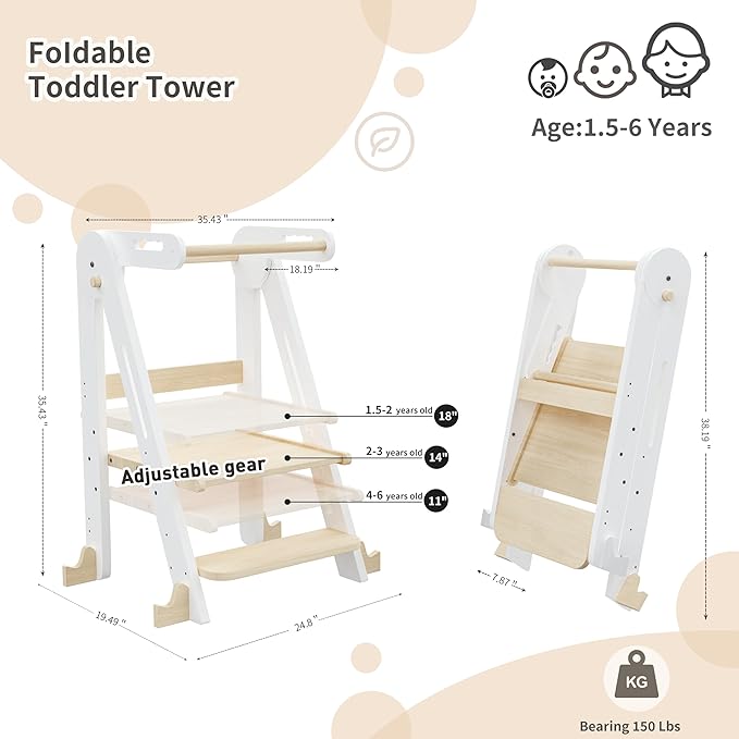 Kids Kitchen Step Stool, Foldable Toddler Tower, Height Adjustable Toddler Standing Tower with Safty Rail and Anti-Slip Device, Wooden Stool for 1.5-6 Years(White-Wood)