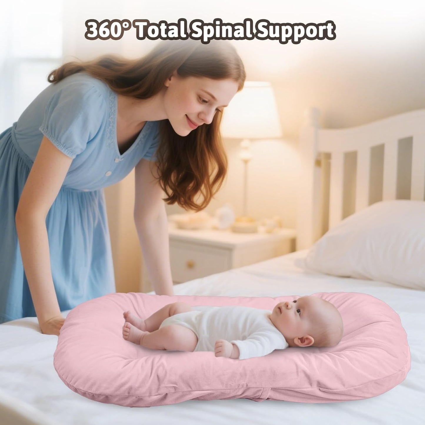 Baby Lounger Play Mat,Baby Lounger for Newborn Tummy Time for Baby in Bed,0° Angle Newborn Lounger Baby Nest for Boys & Girls 0-12 Months-Pink