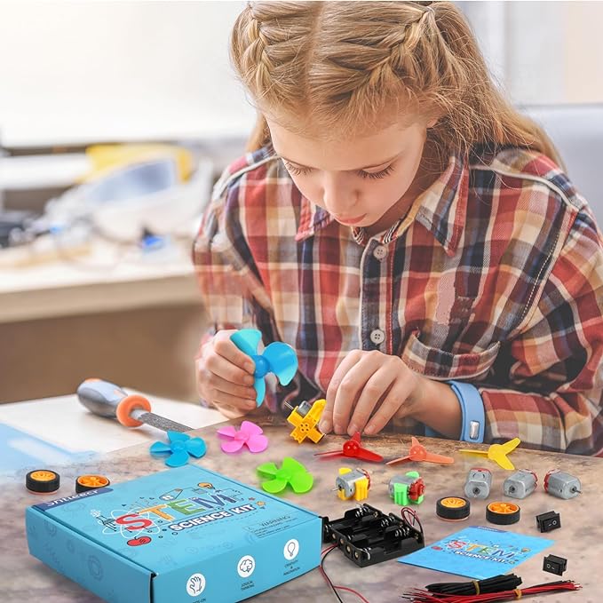 Sntieecr 276PCS DC Motor Kit, Mini Electric Circuit Kit for DIY Science Projects with Motors, LED Light, Vanes Propeller, AA Battery Holder, Plastic Gears, Gift for Kids