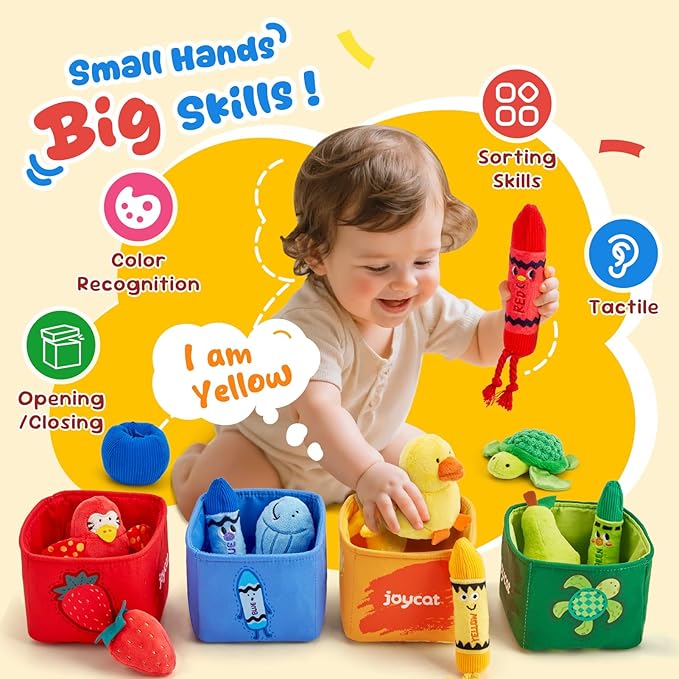 JoyCat Baby Toys 6-12 12-18 Months, Montessori Sensory Toys for 1 Year Old, 12 PCS Pushies with 4 Color Sorting Boxes, Animals Fruit Crinkle Crayon - Whats Inside Boy Girl