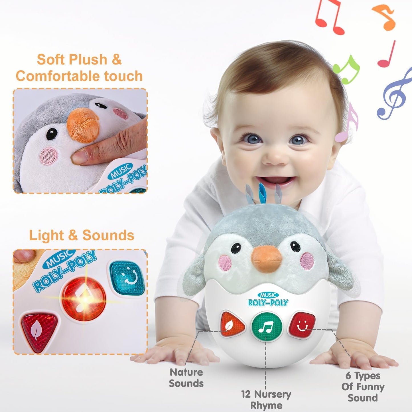 Infant Toys 0-3-6-12 Months Shower Gifts, Plush Cute Stuffed Animal Penguin Musical Baby Tummy Toys with Light & Sounds, Roly-Poly Easter Birthday Gift for Newborn Boys & Girls