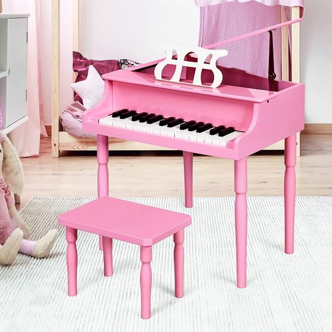 Goplus 30-Key Classical Kids Piano, Mini Grand Piano Wooden Learn-to-Play Musical Instrument Toy with Bench, Piano Lid, Music Rack, Gift for Boys Girls Aged 2+ Baby Toddler(4 Straight Leg-Pink)