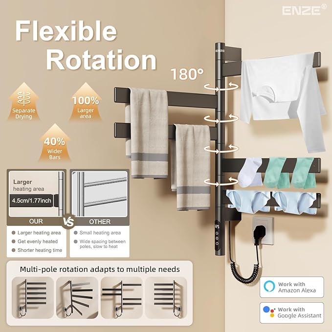 ENZE Smart Rotating Heated Towel Rack for Bathroom, Wall-Mounted Electric Towel Dryer with Swivel Bars, Smart Timer, Low Carbon Steel, IPX5, Plug-in/Hardwired, Towel Warmer with Wi-Fi App Control