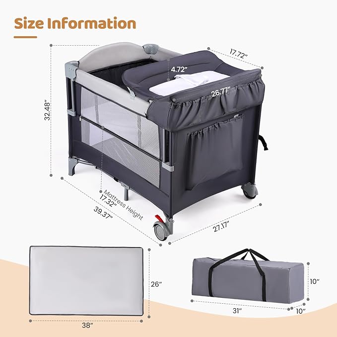 JOYMOR Pack and Play with Changing Table, 5-in-1 Portable Baby Bedside Bassinet with Storage, Travel Crib with Carry Bag, Compact Fold (Gray)