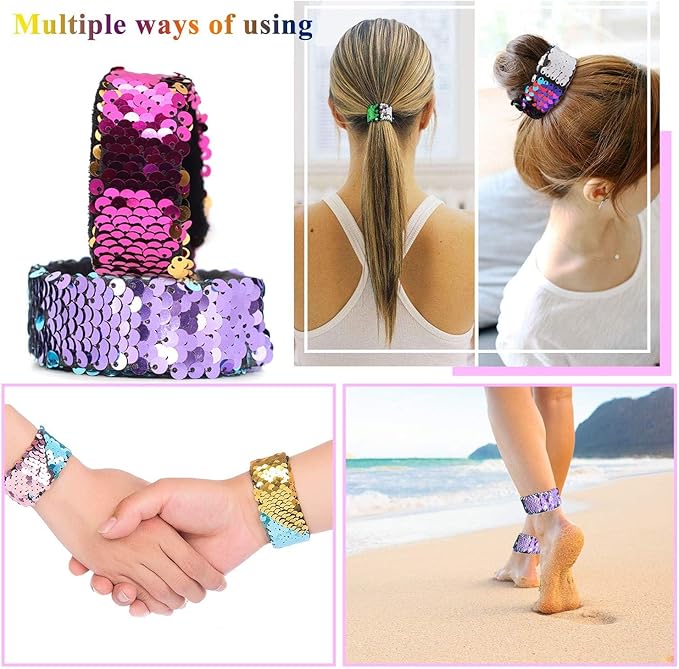 Childom 20 Pack Slap Bracelets 2-Color Reversible Charm Bracelets stage sequins horsetail buckle color ball head hair accessories hair accessories Magic Wristband