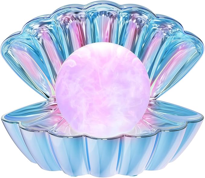 Shell Pearl Beach Themed Night Light, RGB 8 Colors Changing Mood Shell Pearl Lamps, Bedside LED Clamshell Portable Night Lights for Bar (Electroplating Blue)