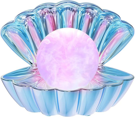 Shell Pearl Beach Themed Night Light, RGB 8 Colors Changing Mood Shell Pearl Lamps, Bedside LED Clamshell Portable Night Lights for Bar (Electroplating Blue)