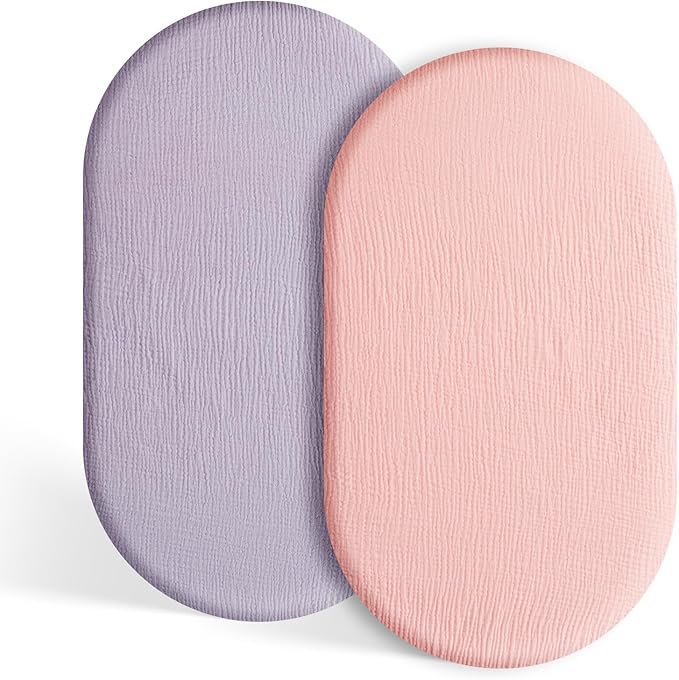 TILLYOU Muslin Bassinet Sheets Girls Boys, 100% Cotton Bassinet Sheets, Fit Oval, Rectangle and Square Mattress, 2 Pack，Light Purple&Light Pink