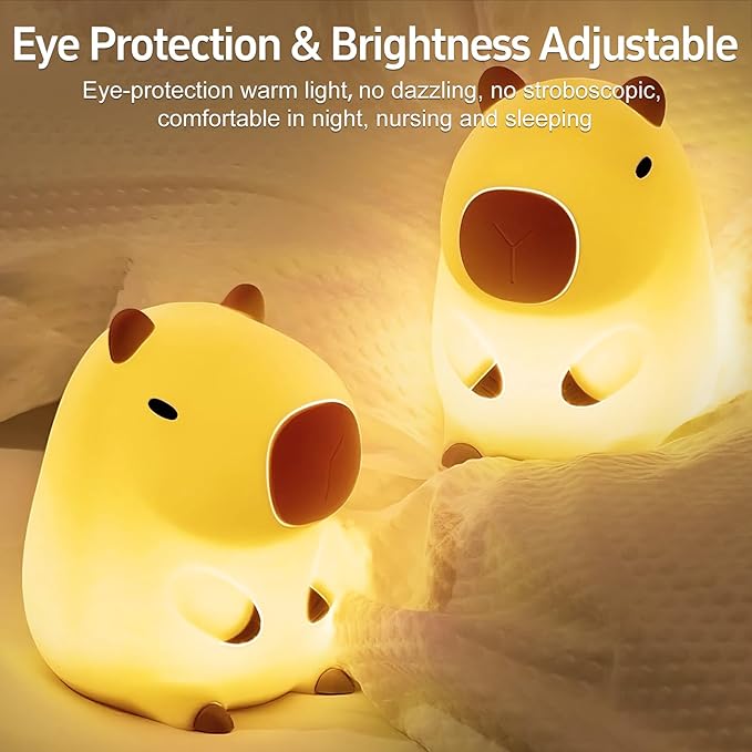 Cute Capybara Night Light for Kids, Squishy Capybara Lamp Gifts, Nursery Bedroom Decor, 2 Levels Dimmable Nursery Nightlight for Kids，Rechargeable LED Bedside Lamp with 20 Min Timer & Tap Control