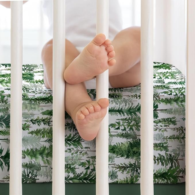 Watercolor Green Pines Baby Crib Sheet 52''x28'' Pine Trees Snug Fitted Crib Mattress Cover for Boy Girl Winter Soft Baby Bed Sheet for Standard Crib and Toddler Mattresses