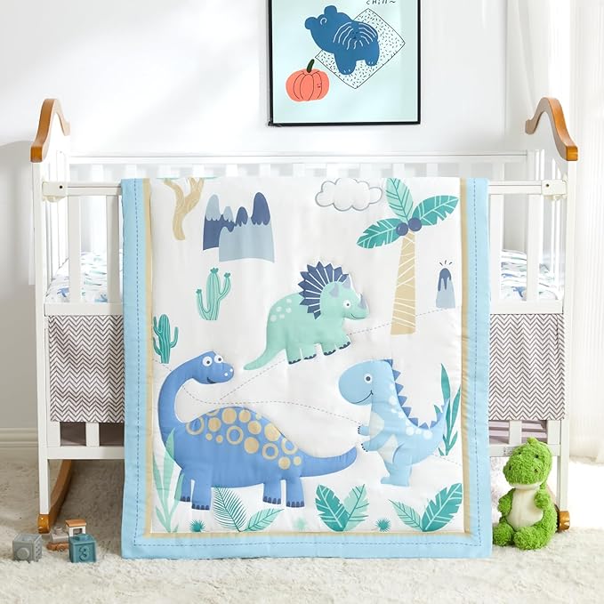 Wowelife Dinosaur Crib Bedding Set for Boys Light Blue, Premium 3-Piece Baby Bedding Set, Nursery Crib Set, Newborn, Infant & Toddler Nursery Bed Set, Light Blue Dinosaur
