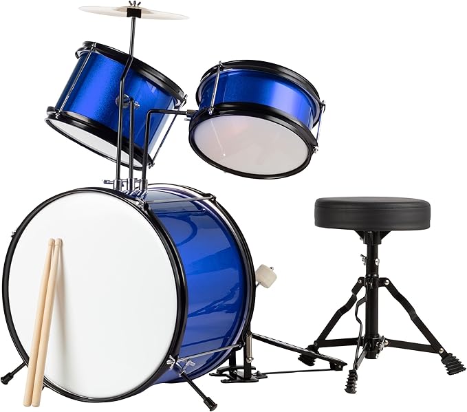 Hey Play Kids 3-Piece Drum Set - Kit With Cymbal, 2 Toms, Bass and Pedal, Drumsticks and Throne - Beginner Musical Instruments (Blue)