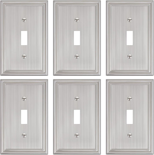 6-Pack Single Toggle Light Switch Cover Plate, Durable Solid Zinc Alloy Decorative Switch Plate Covers, Brushed Nickel 1 Gang Wall Plate, Corrosion Resistant