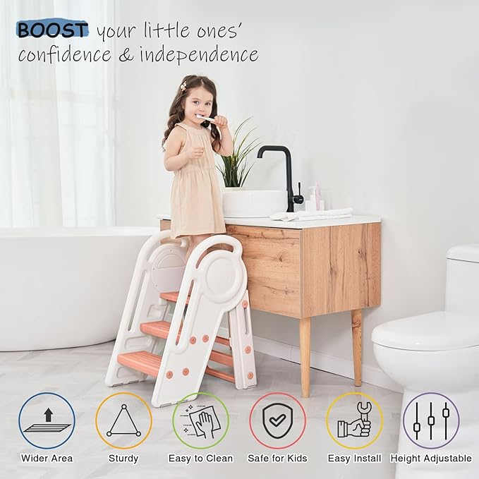 Pink 3 Step Stool for Toddlers Girls, Foldable 2 Step Stool for Kids Bathroom Sink Toilet Potty, Collapsible Heavy Duty Child Learning Kitchen Tower with Rails for Counter Bed Bedroom
