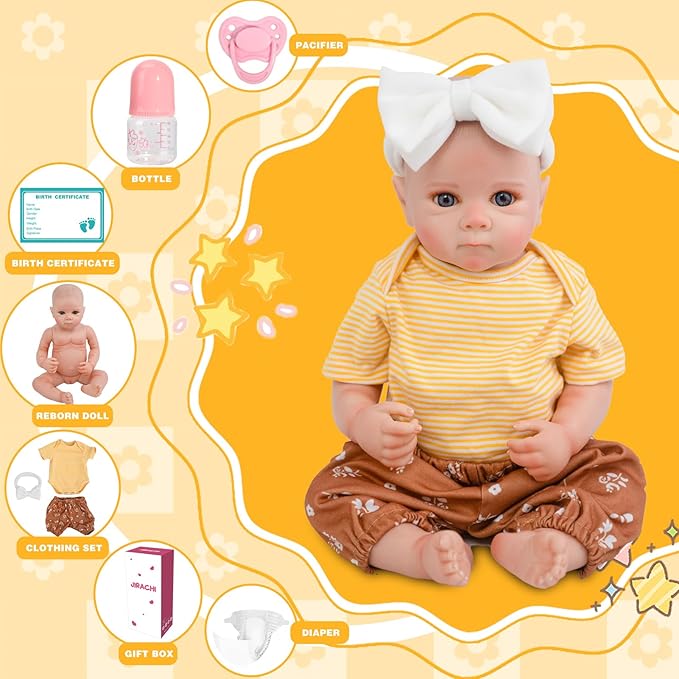 Jirachi Lifelike Reborn Baby Dolls, Real Life Full Body Newborn Baby Girl, 18 Inch Realistic Reborn Baby with Accessories for Girls Yellow