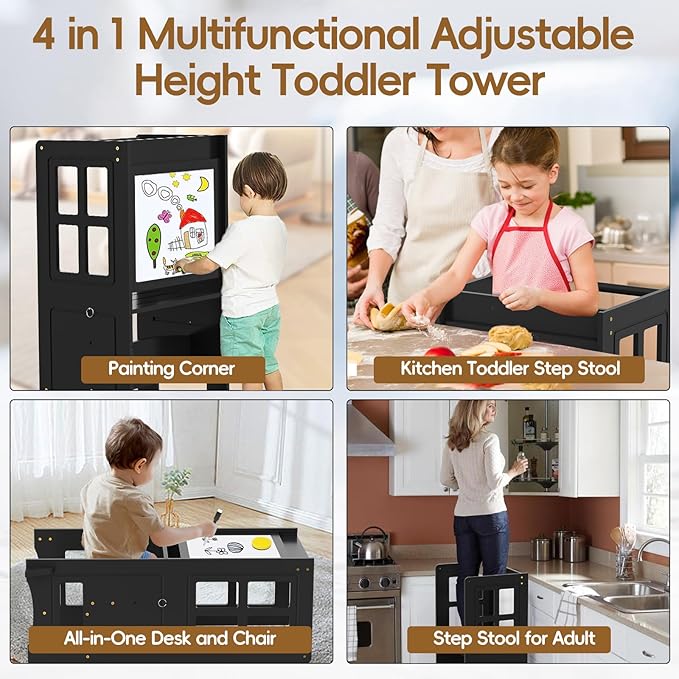 4 in 1 Kitchen Step Stool Helper for Toddlers, Adjustable-Height Toddler Learning Standing Tower with Double-Sided Whiteboard, Non-Skid Feet Kids Step Stools for Kitchen Counter Bathroom Sink