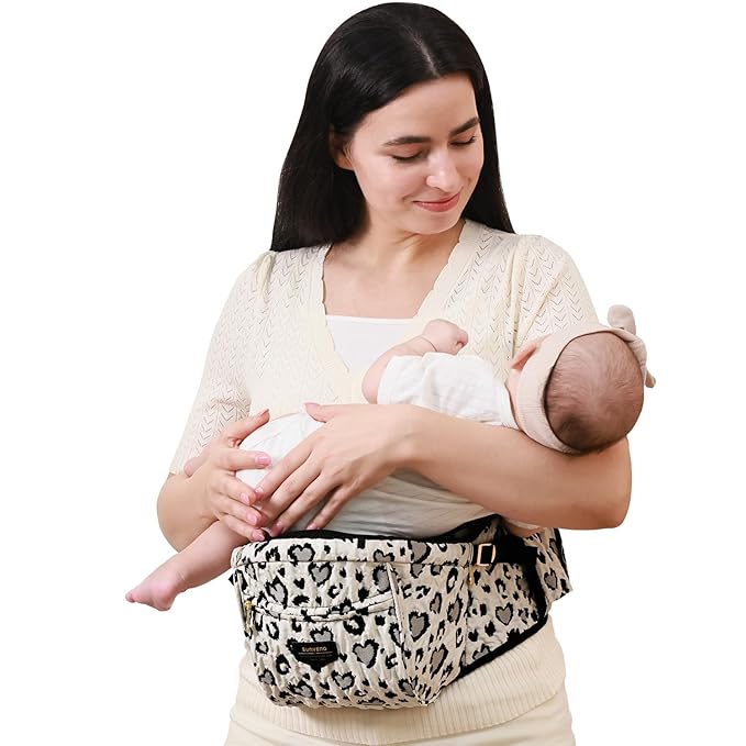 SUNVENO Baby Hip Carrier with Hip Seat, CPC-Certified, Ergonomic Infant Carrier for Newborns & Toddlers up to 45 lbs, Adjustable Waistband, Multiple Pockets, All-Season, Grey,Leopard Print