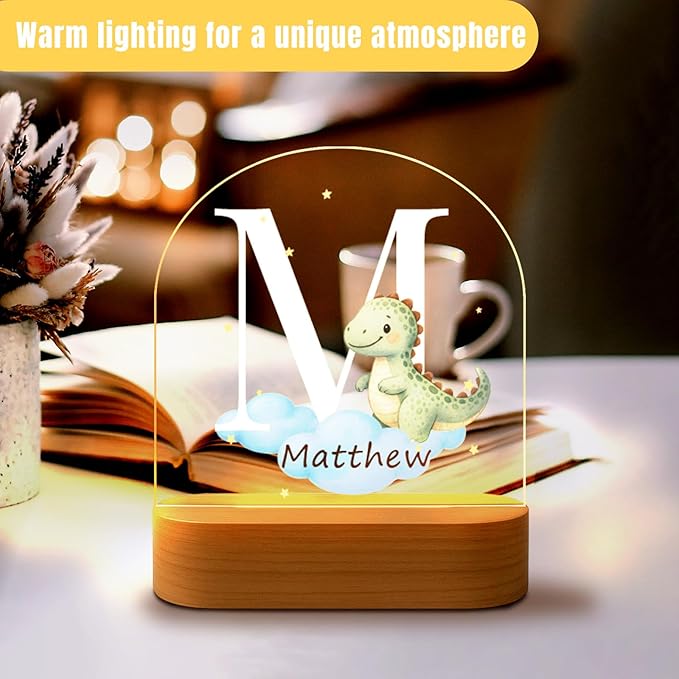 Custom Baby Gift Night Light for Baby Boys Girls Nursery Decor, Personalized Initial Name LED Night Light with Wooden Base, LED Color-Changing Lamp for Toddlers Kids