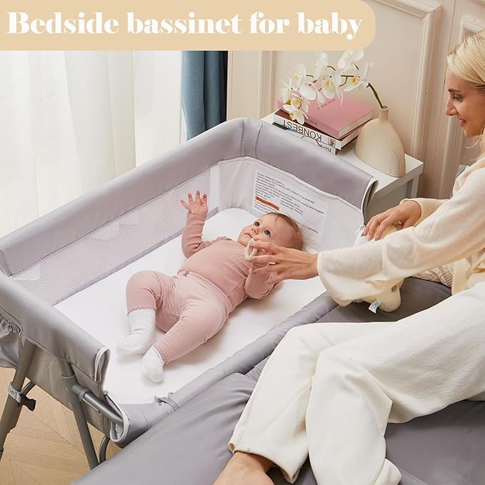 Baby Bassinet Bedside Sleeper Crib with Mattress 5-Level Adjustable Height, Breathable Mesh & Mosquito Net, Portable Folding Travel Cradle with Auto-Lock Wheels Light Grey