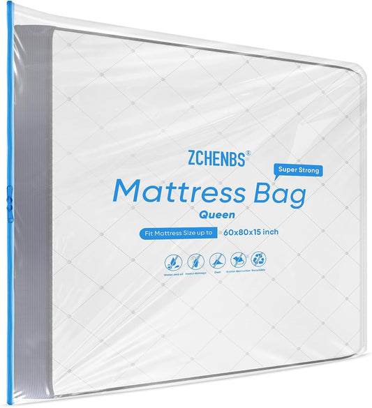 ZCHENBS® – Mattress Bags for Moving and Storage,Mattress Bag with Zippers,5 Mil Ultra-Thick Bed Bag,Waterproof,Anti-Tear,Heavy-Duty Mattress bag (Transaparent/Blue, Queen-(1 Pack))