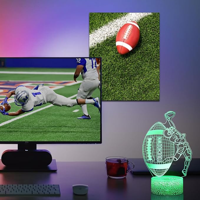American Football Lamp, 16 Colors Touchdown Night Light - Remote Control, Timer Tpye-C Dimmable, LED 3D Light Illusion, Football Room Decor for Boys