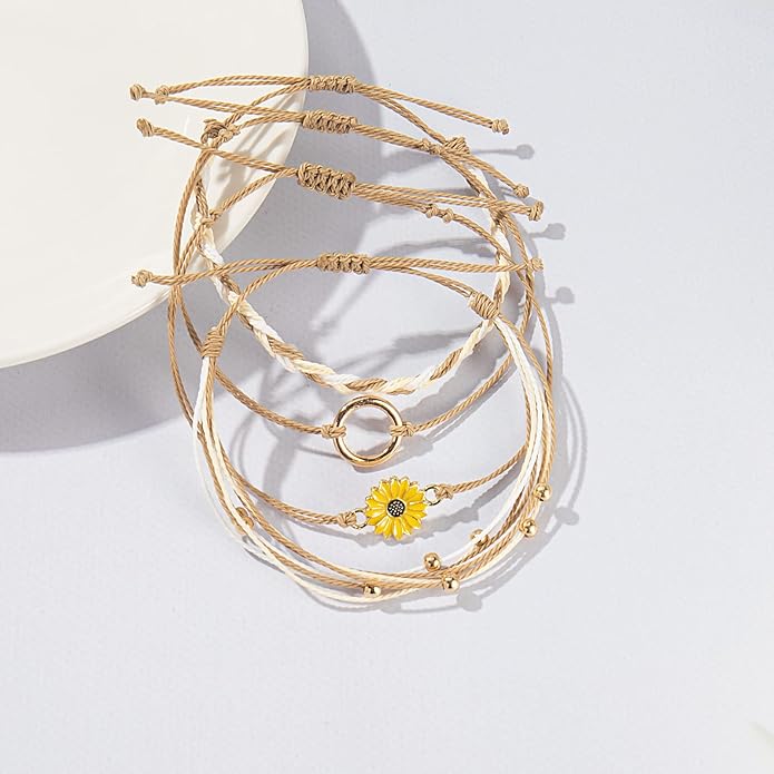 FANCY SHINY Sunflower String Bracelet Boho Braided Rope Wrap Bracelets Cute Summer Beach Surfer Jewelry for Women Christmas Gifts