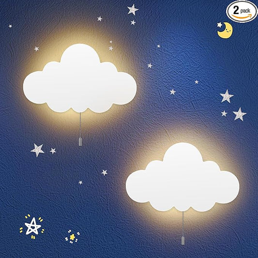 2 Pack Cloud Light - Battery-Powered Wall Lamp for Nursery, Kids Bedroom & Baby Room, 3000K Warm Night Light with Pull-String Switch, Cordless 3.7V, Lightweight 13x8in (No Charging Needed)