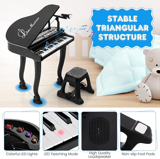 Costzon Kids Piano, 37 Key Mini Grand Piano Toy Keyboard with Microphone, Stool & Lights, Portable Electronic Piano Educational Musical Instrument Toy, Birthday Gift for Toddler Boys Girls (Black)