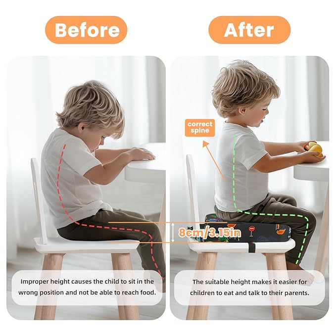 Toddler Booster Seat for Dining Table, Kids Booster Seat for Kitchen Chair with Non-Slip Bottom, Portable Detachable Washable Increasing Cushion with 2 Adjustable Straps (Excavator)