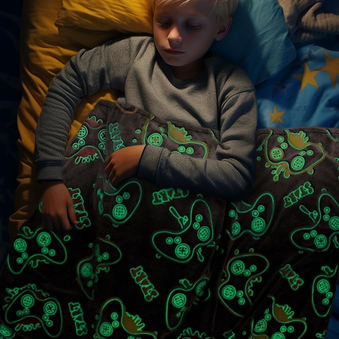 Glow in The Dark Game Controller Blanket Gamer Gifts Toys for Kids Boys Boyfriend Gaming Gamepad Presents Birthday Christmas Easter