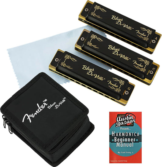Fender Blues DeVille Harmonica - 3 Pack Bundle with Case, Austin Bazaar Instructional Manual, and Polishing Cloth