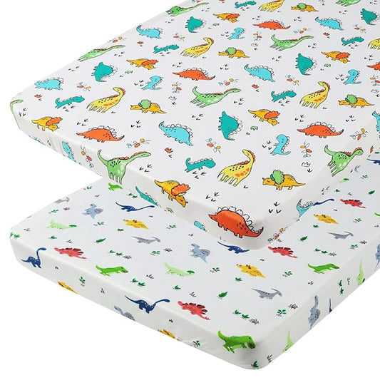 Onacosht Pack n Play Sheets 2 Pack for Baby Boy, Stretchy Jersey Knitted Portable Mini Crib Sheets Playard Mattress Cover, Dinosaur Printing