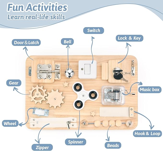 Potatomato Montessori Wooden Busy Board-Sensory Toys for Toddlers Fine Motor Skills-Activity Board for Kids-Educational Fidget Travel Toy for Baby Boy&Girl-Birthday Gifts for 1 2 3 4 + Years Old