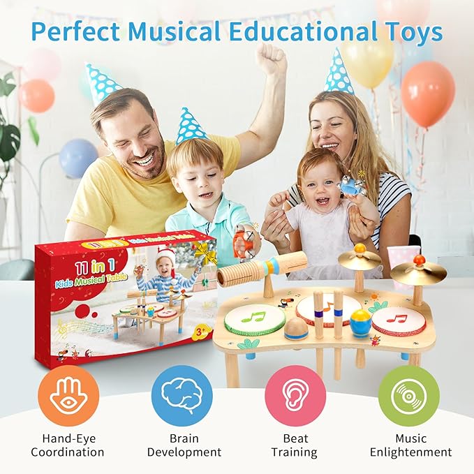 WINYGZ Toddler Drum Set – 11 in 1 Kids Musical Instruments with Resonant Drums, Cymbals, Maracas, Wrist Bells & More, Wooden Montessori Music Table for Ages 1-6