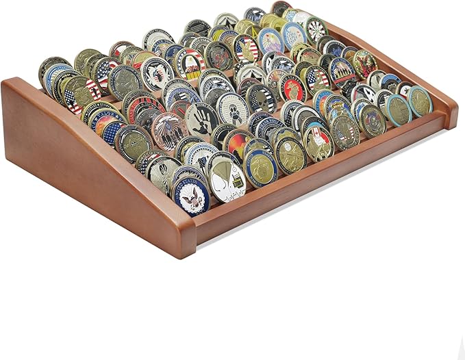 12 Rows Solid Wood Military Challenge Coin Display Stand Holds 90-100 Coins Army Coin Holder Display Police Coin Rack for Countertop, Walnut