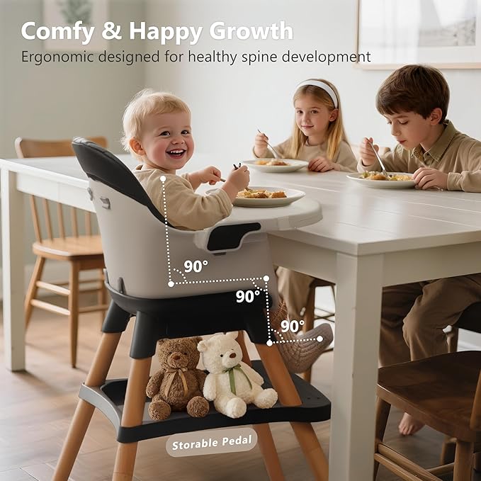 Kinder King 7 in 1 Baby High Chair for Babies and Toddlers with Large Storage Footrest, Booster Seat, Convertible Wooden High Chair with 3-Depth Double Dishwasher Safe Tray, 5 Point Harness, Black