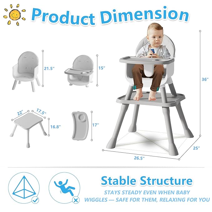 6 in 1 Baby High Chair for Babies and Toddlers, Booster Seat, Kids Learning Table & Chair (Grey)
