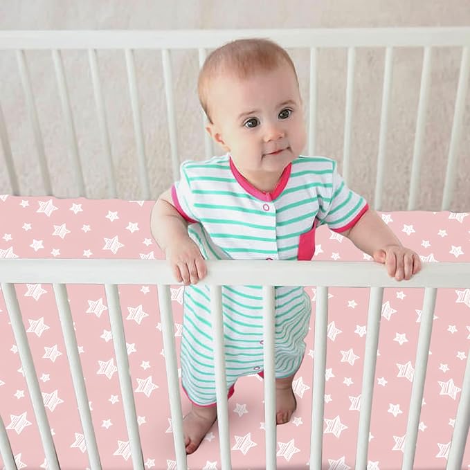 Pack and Play Sheets Girl, 4 Pack Mini Crib Sheets, Stretchy Pack n Play Playard Fitted Sheet, Compatible with Graco Pack n Play, Soft and Breathable Material, Pink