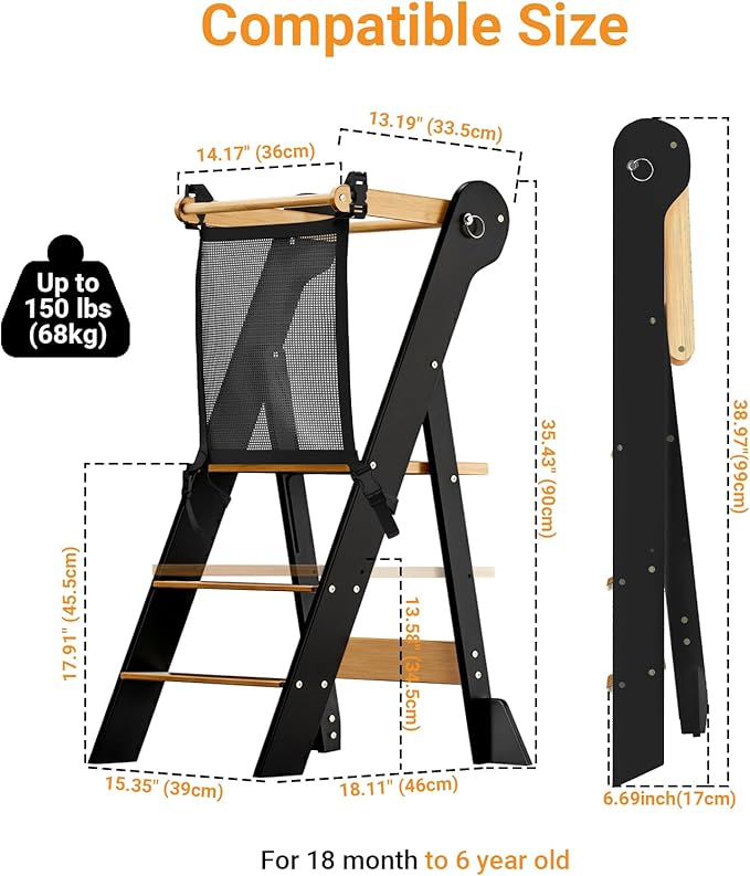 COSYLAND Foldable Toddler Kitchen Stool Helper - Height Adjustable Standing Tower for Bathroom Sink or Kitchen Counter - Step Stool for Toddlers Ages 18 Months to 6 Years Black & Natural