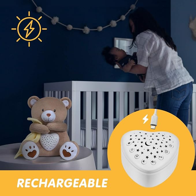 BEREST Rechargeable Baby Sleep Soother Bear, Mom's Heartbeat & Lullabies, White Noise Sound, Nursery Decor Night Light Projector, Toddler Crib Sleeping Aid, Baby Shower Gifts