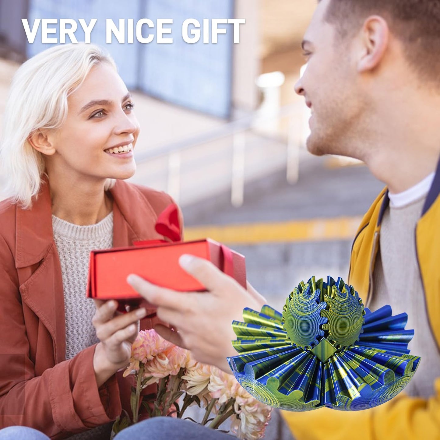 Gear Ball 3D Printed Gear Ball Fidget Toy, Spin Ball or Cube Fidget Toy ,Stress Ball Gear Sphere Desk Toy for Stress Anxiety (Blue+Yellow)