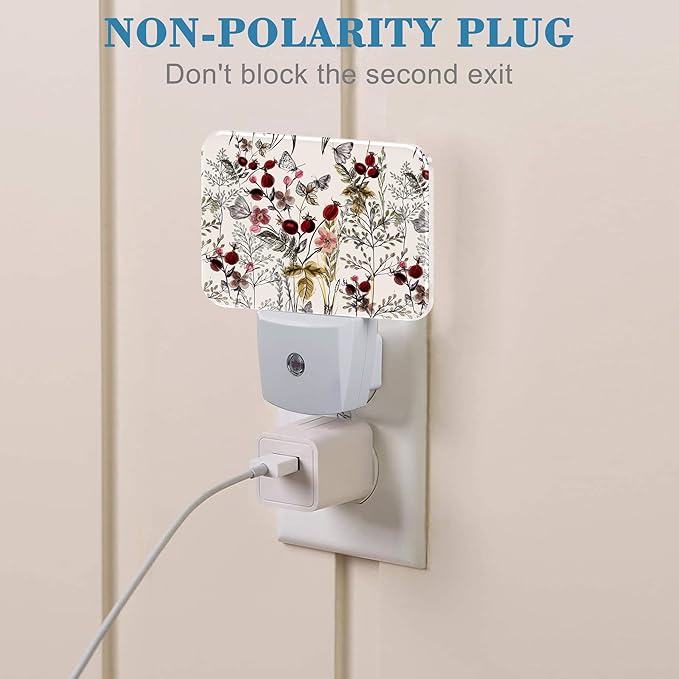 Vintage Flowers Plants Night Light, Butterfly Nightlight Plug into Wall with Dusk to Dawn Sensor for Kid Girls Boys Women Men Bedroom, Hallway, Kitchen, Bathroom, Stairs Decor