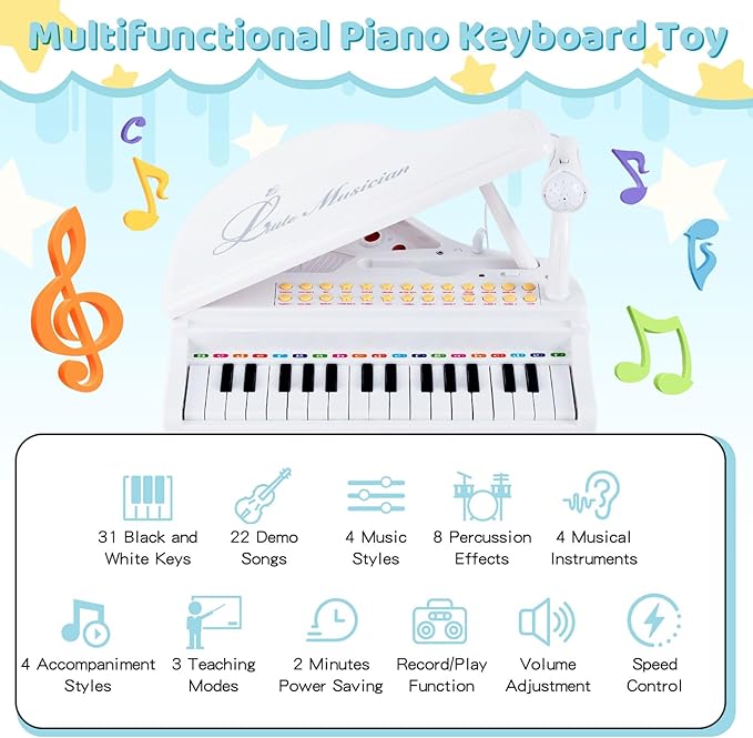 Costzon Kids Piano, 31 Key Mini Grand Piano Toy Keyboard with Microphone, Stool & Lights, Portable Electronic Piano Educational Musical Instrument Toy, Birthday Gift for Toddler Boys Girls (White)