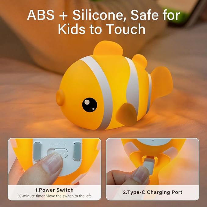 Cute Clownfish Night Light - Silicone Pat Pat Lamp with 3-Level Brightness Adjustment, Timer Function, Rechargeable Touch Control Nursery Nightlight for Baby Bedroom Decor