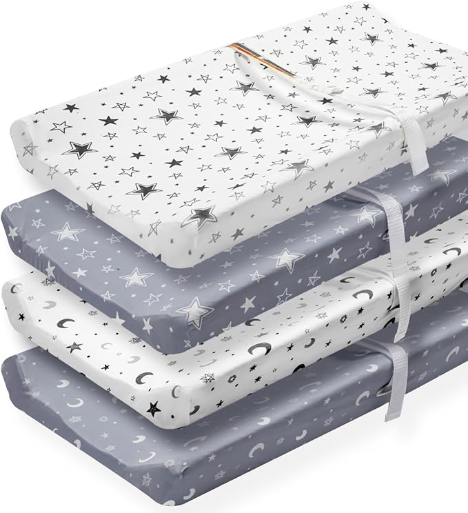 4 Pack Star and Moon Neutral Unisex Fitted Baby Sheets Set for Baby Boys or Girls (Changing pad Cover)