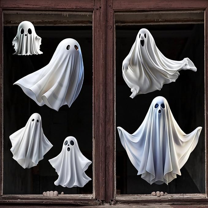 1 Sheet Halloween Ghost Window Clings for Glass Windows Cute White Little Ghost Double Sided Window Stickers Halloween Window Clings for School Home Office Decoration Party Supplies