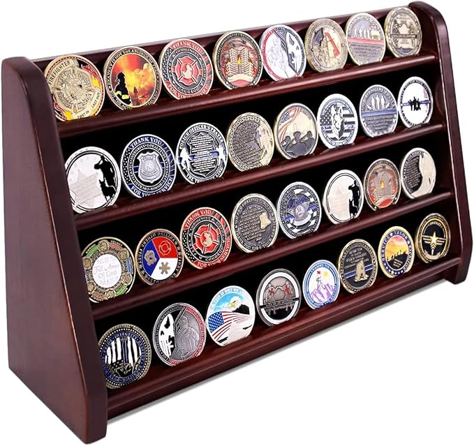 4 Rows Military Wooden Challenge Coin Display Case - Wall Mountable Army Holder Stand Rack, Holds 32 Coins, Mahogany
